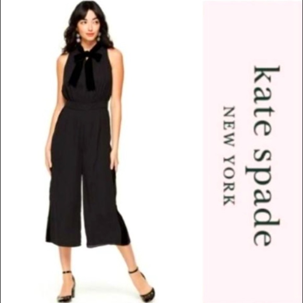 🆕 Black Kate Spade Jumpsuit accented with velvet bow tie  & side leg stripes